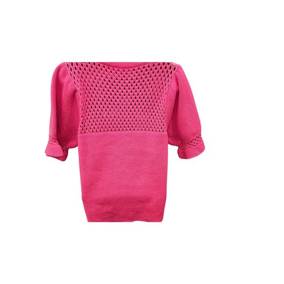 THML sz S pink puff statement blouse see through net accents NWOT bright fun - Picture 3 of 9